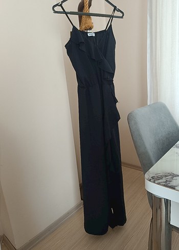 l Beden Siyah Drapeli Uzun Straplez Elbise