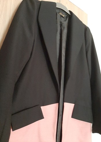 42 Beden Uzun Kesim Pembe Siyah Kadın Blazer