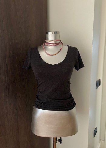 H&m gri fume V Yaka Kadın Tişört - Görsel 3