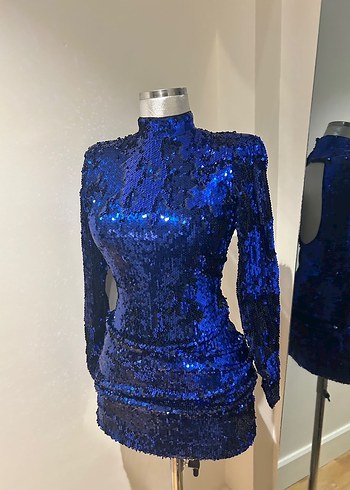 Bershka Uzun Kollu Mini Lacivert Payetli Elbise - Görsel 2