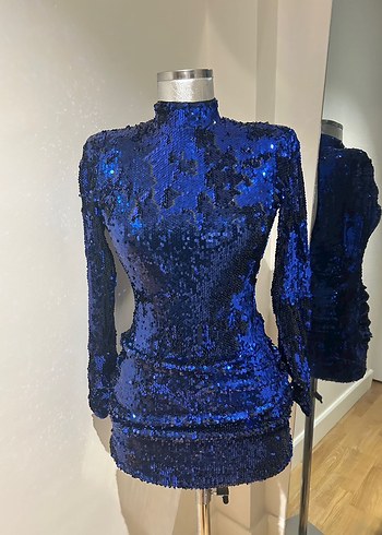 Bershka Uzun Kollu Mini Lacivert Payetli Elbise - Görsel 3