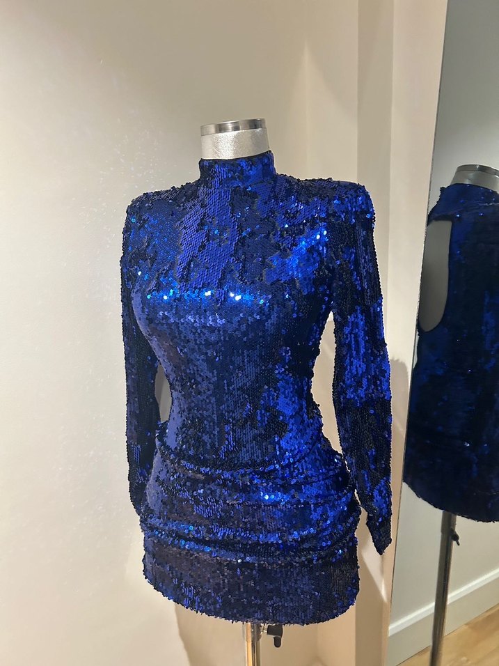 Bershka Uzun Kollu Mini Lacivert Payetli Elbise - Görsel 2