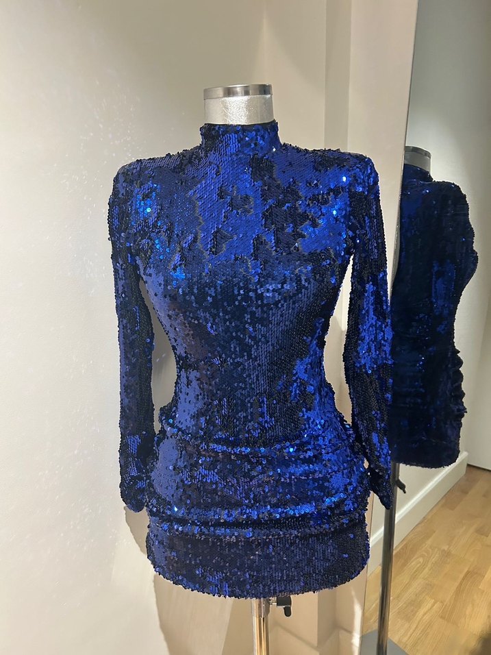 Bershka Uzun Kollu Mini Lacivert Payetli Elbise - Görsel 3