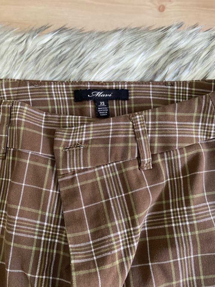 Düğmeli Kahverengi Kareli Kadın Kumaş Pantolon - Görsel 3
