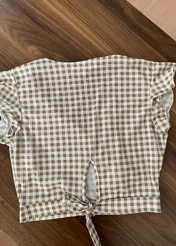 Bej Kareli V Yaka Kısa Kollu Kadın Bluz - Görsel 4