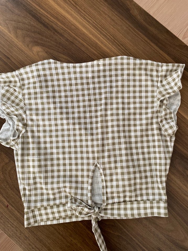 Bej Kareli V Yaka Kısa Kollu Kadın Bluz - Görsel 4