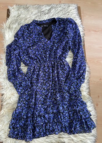 Uzun Kollu Mavi Fırfırlı Bohem Elbise - Görsel 4