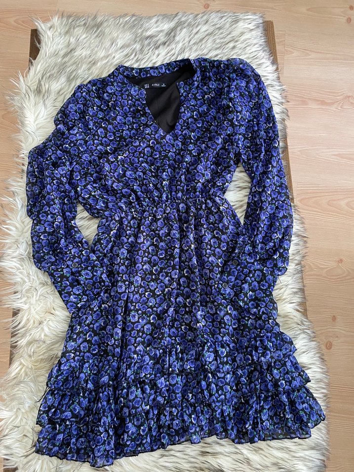 Uzun Kollu Mavi Fırfırlı Bohem Elbise - Görsel 4