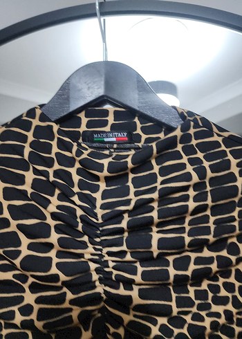 Kahverengi leopar Baskılı Drapeli Boğazlı Bluz - Görsel 5