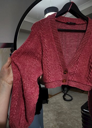 Pembe V Yaka Örgü Kadın Hırka - Görsel 2