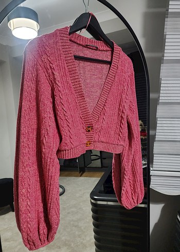 Pembe V Yaka Örgü Kadın Hırka - Görsel 4