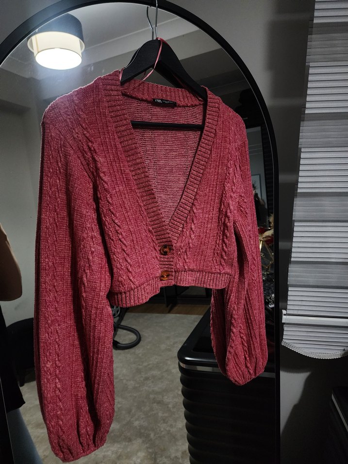 Pembe V Yaka Örgü Kadın Hırka - Görsel 3