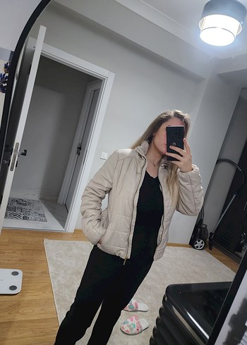 Bej Kadın Midi Puff Mont Yüksek Yaka - Görsel 5