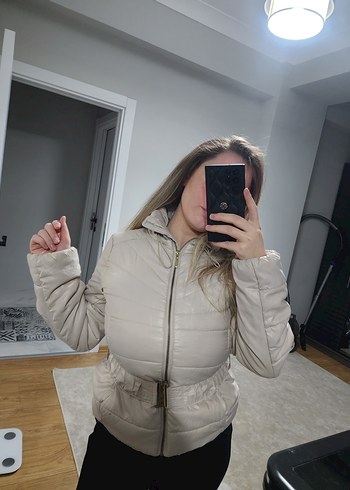 Bej Kadın Midi Puff Mont Yüksek Yaka - Görsel 3