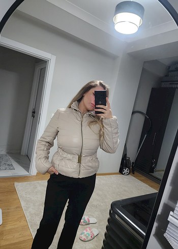 Bej Kadın Midi Puff Mont Yüksek Yaka - Görsel 2