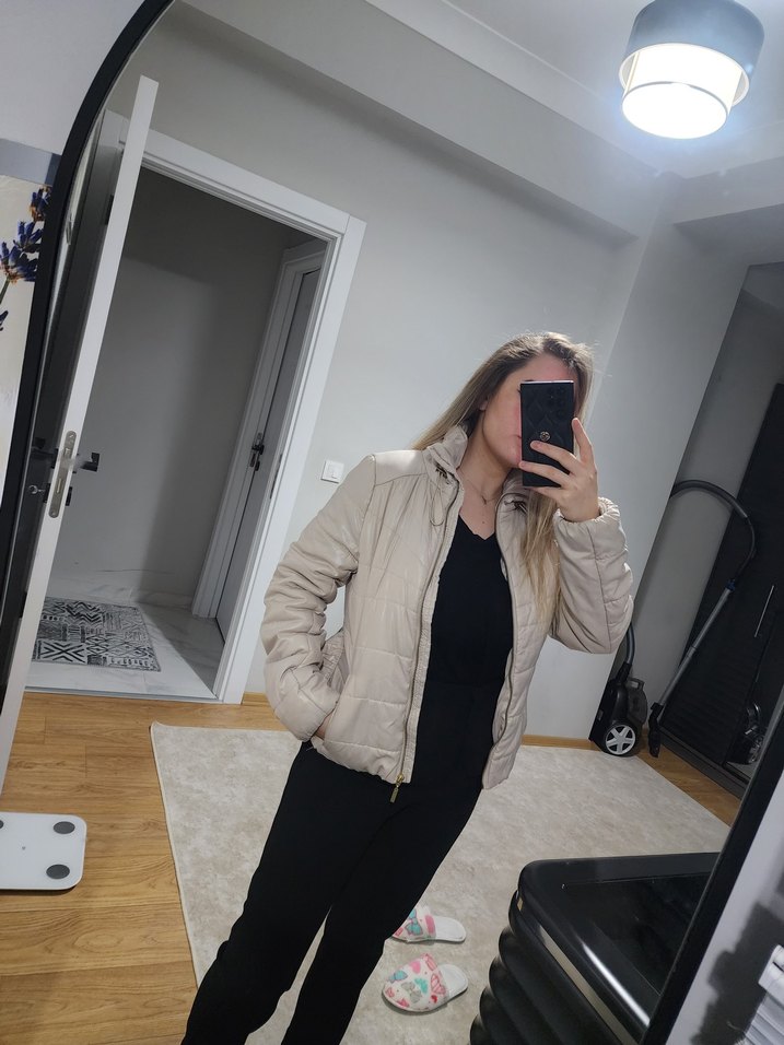 Bej Kadın Midi Puff Mont Yüksek Yaka - Görsel 5