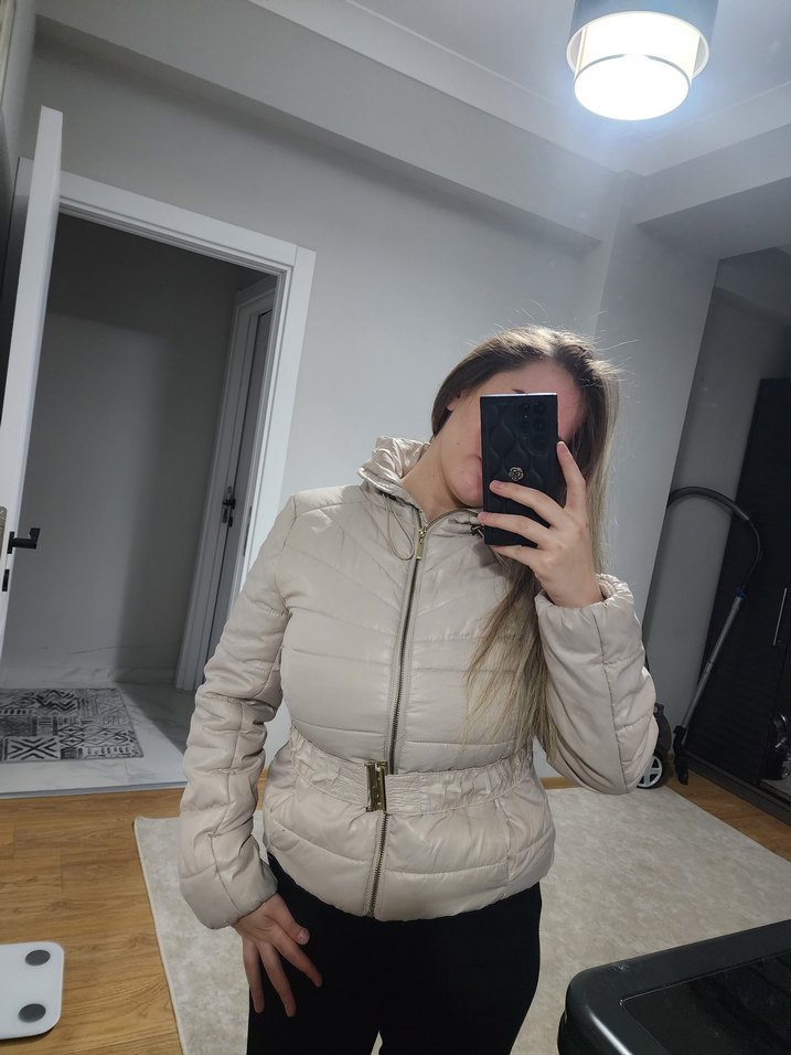 Bej Kadın Midi Puff Mont Yüksek Yaka - Görsel 4