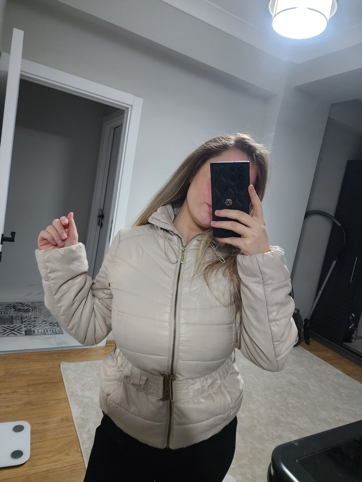 Bej Kadın Midi Puff Mont Yüksek Yaka - Görsel 3