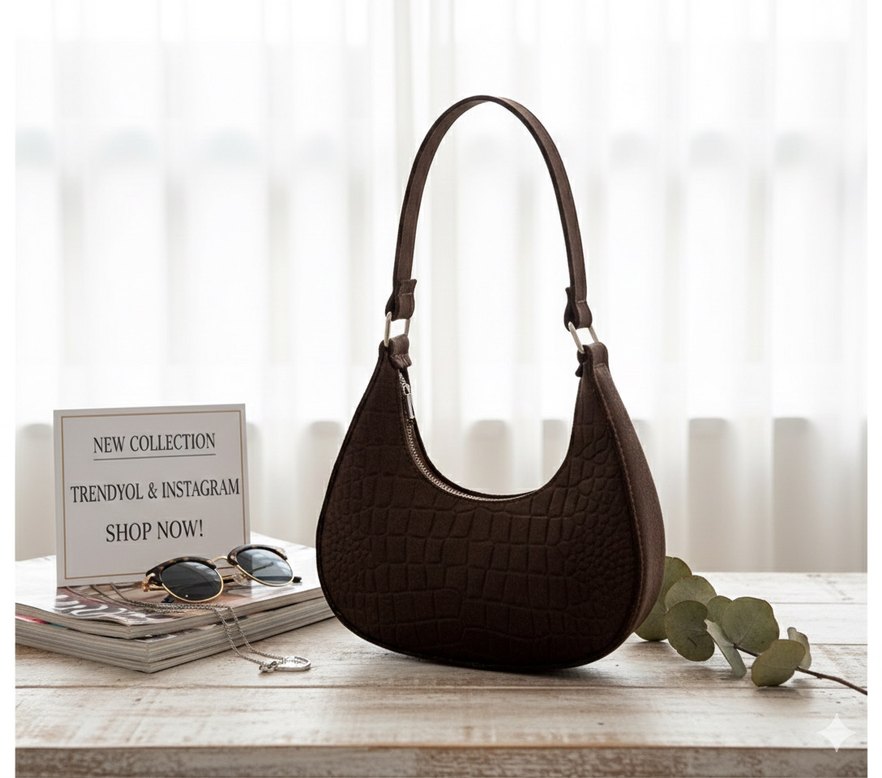Kahverengi Deri Yılan Desenli Kadın Çanta - Görsel 2