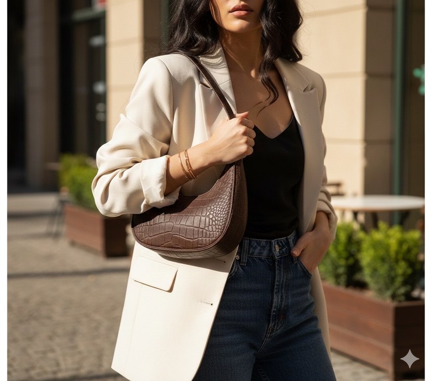 Kahverengi Deri Yılan Desenli Kadın Çanta - Görsel 3