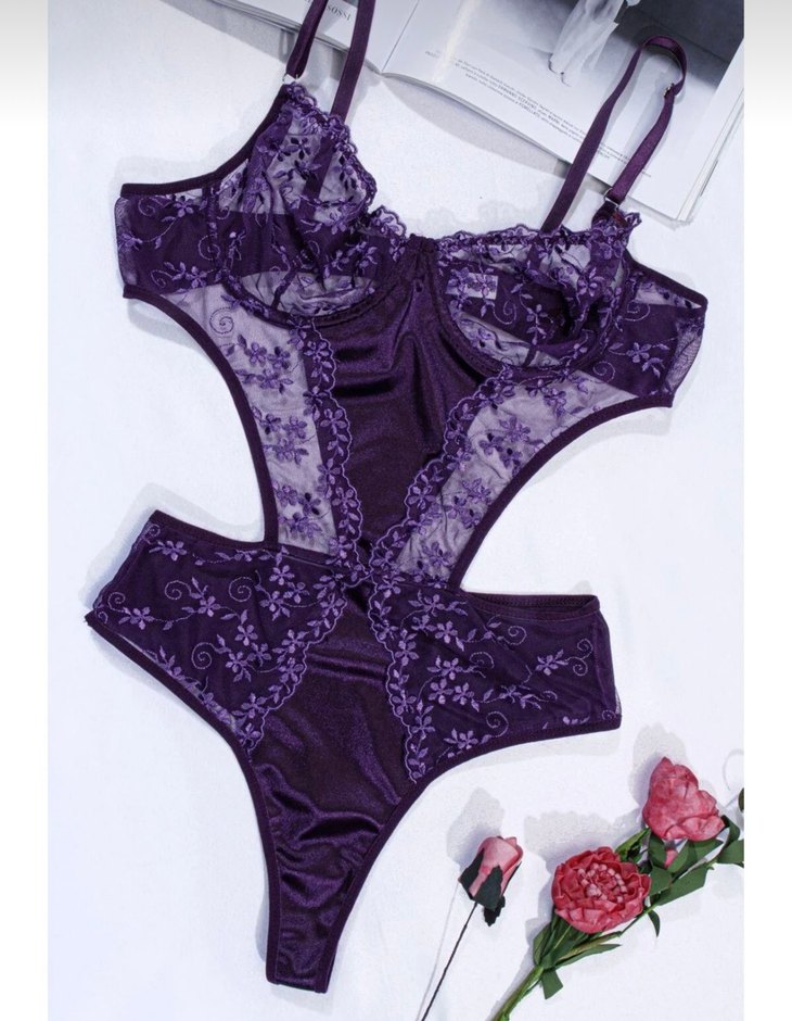 İşlemeli Siyah ve Mor Kadın Body suit - Görsel 3