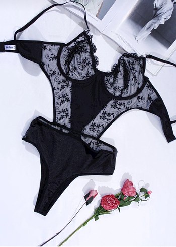 Nakışlı Siyah Gotik Midi Sütyen bodysuit - Görsel 2