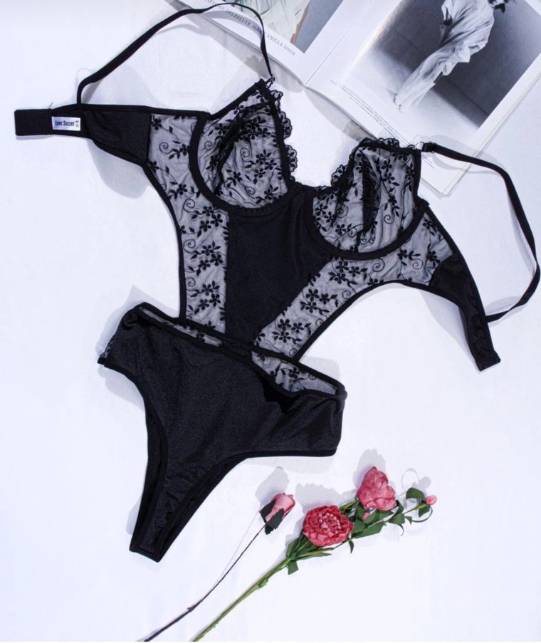 Nakışlı Siyah Gotik Midi Sütyen bodysuit - Görsel 2