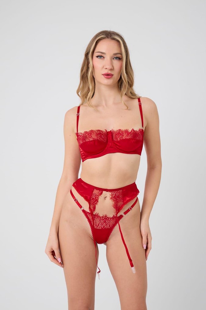 Kırmızı Dantelli Straplez Jartiyer Takımı - Görsel 3