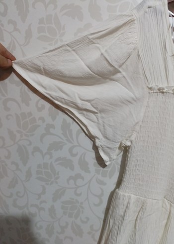 Beyaz Keten Midi Bohem Elbise - Görsel 2