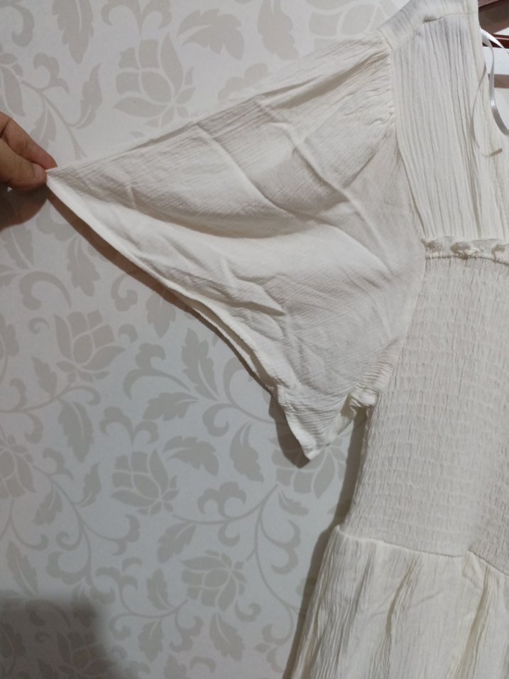 Beyaz Keten Midi Bohem Elbise - Görsel 2