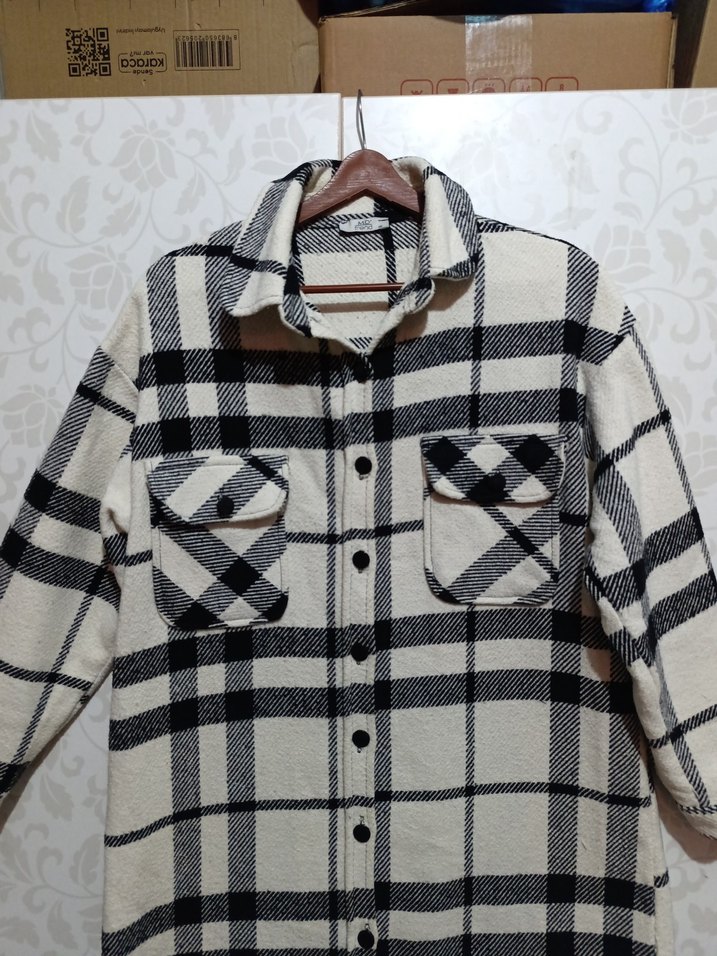 Düğmeli Gri Ekose Kadın Gömlek - Görsel 2