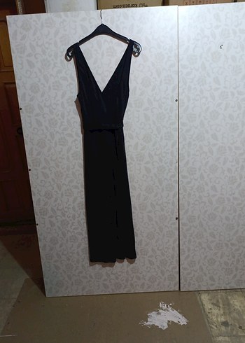 Siyah V Yakalı Kemerli Midi Kadın Elbise tulum - Görsel 5