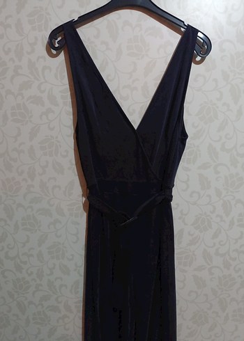 Siyah V Yakalı Kemerli Midi Kadın Elbise tulum - Görsel 3