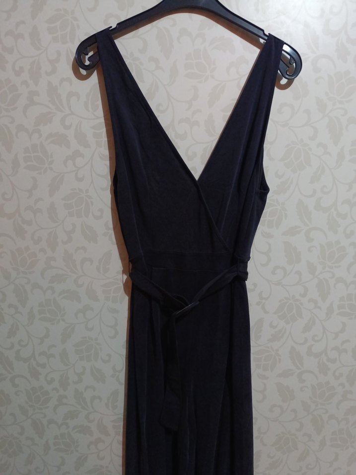 Siyah V Yakalı Kemerli Midi Kadın Elbise tulum - Görsel 3