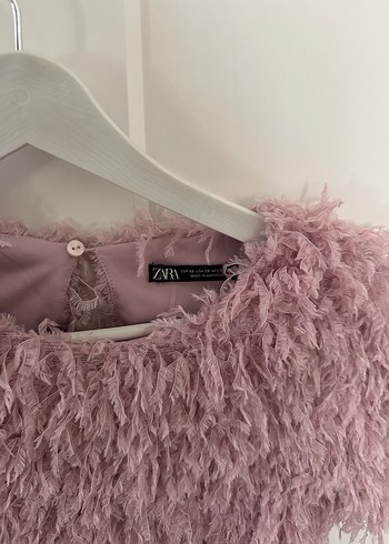 xs Beden Pembe Kürklü Kadın Crop Top
