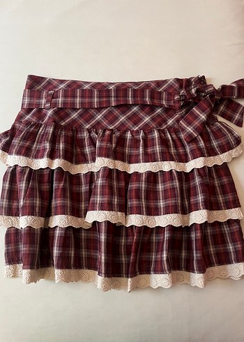 Bordo Ekoseli Fırfırlı Midi Etek