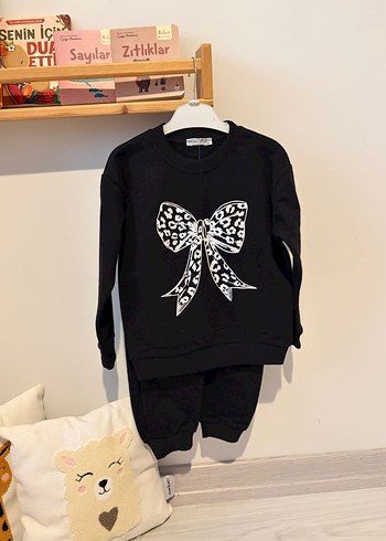 Kız Bebek Siyah Fiyonk Baskılı Uzun Kollu Takım - Görsel 3