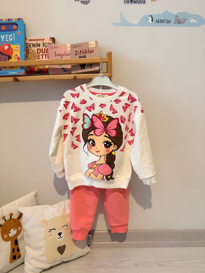 Pembe Uzun Kollu Bebek Kız Takımı Dantelli - Görsel 3