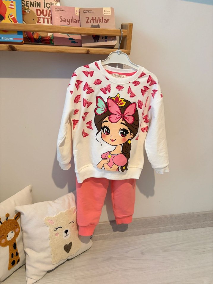 Pembe Uzun Kollu Bebek Kız Takımı Dantelli - Görsel 2