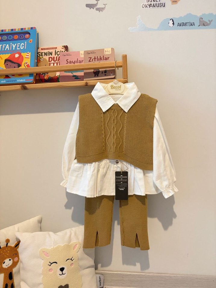 Kız Bebek Örgü Süveterli Kahverengi Takım - Görsel 2