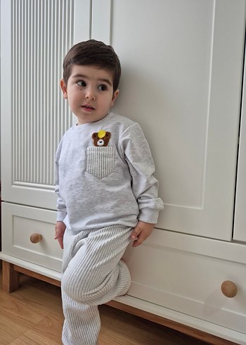 Gri Erkek Bebek Örme Nakışlı Takım - Görsel 3