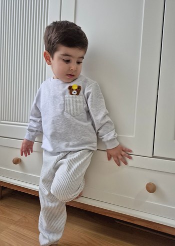 Gri Erkek Bebek Örme Nakışlı Takım - Görsel 2
