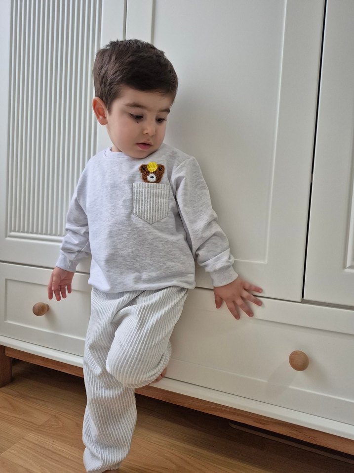 Gri Erkek Bebek Örme Nakışlı Takım - Görsel 2