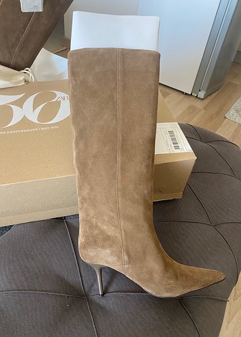 37 Beden Zara Bej Süet Stiletto Topuklu Dizüstü Kadın Çizme