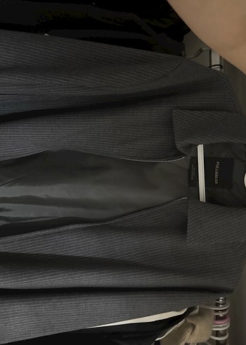 Gri Düz Çizgili Kadın Midi Ceket - Görsel 2