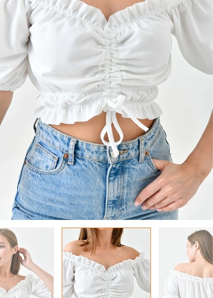 Happiness İst Carmen Yaka Crop Beyaz Bluz - Görsel 3