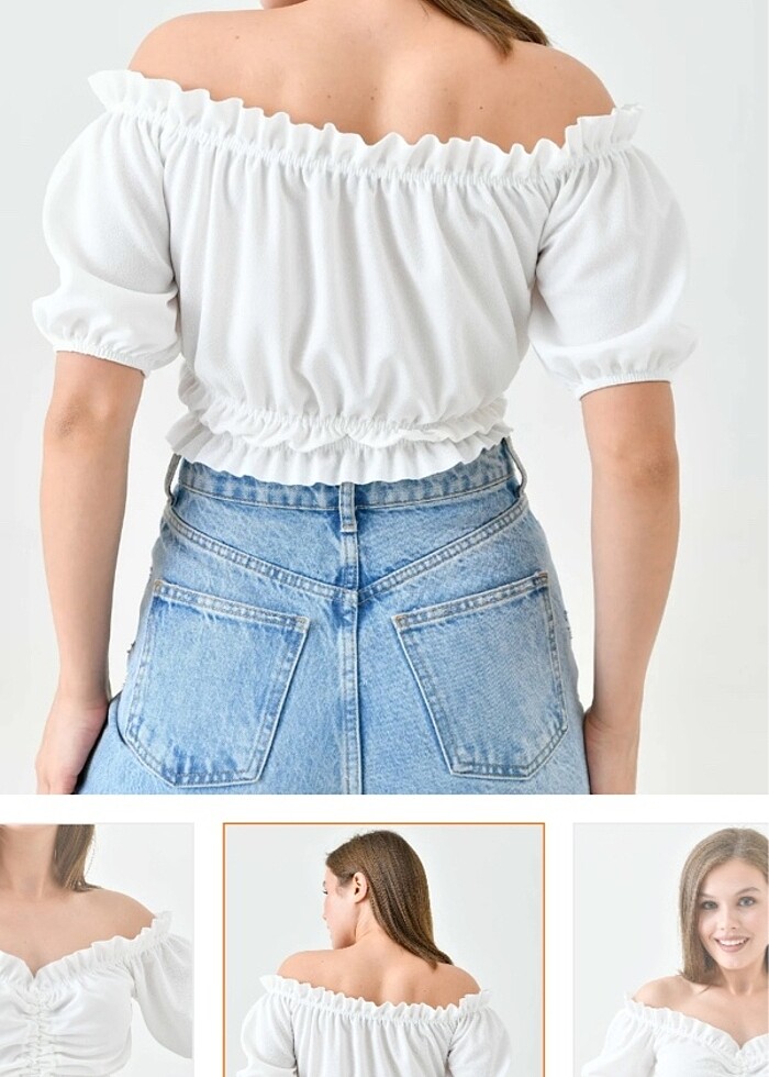 Happiness İst Carmen Yaka Crop Beyaz Bluz - Görsel 4