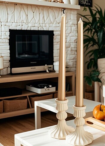 DEKORATİF KREM RENGİ 2 Lİ ŞAMDAN SETİ 