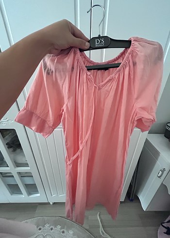 Only Pembe V Yaka Keten Salaş elbise