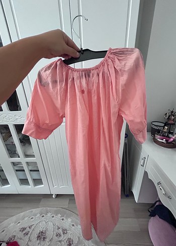 m Beden pembe Renk Pembe V Yaka Keten Salaş elbise